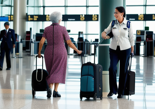 Elderly woman with a suitcase assisted by airport staff