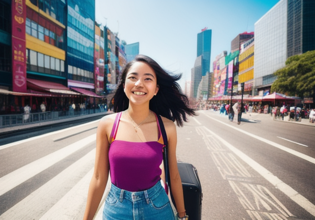 Mulher sorrindo viajando sozinha em uma cidade vibrante