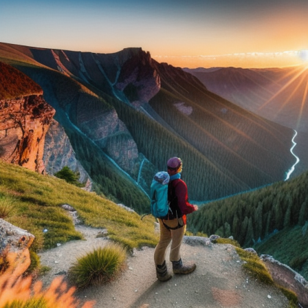 Hiker on a mountain peak overlooking a valley