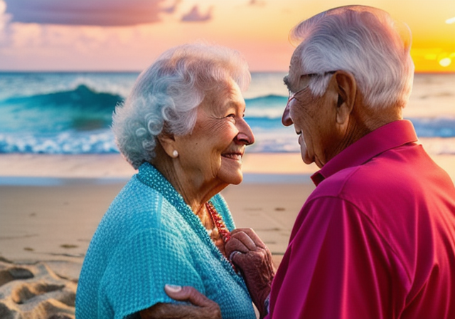 Elderly couple enjoying a sunset on the beach