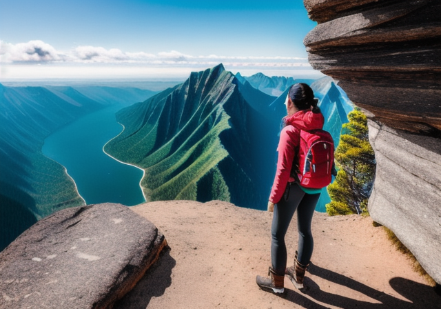 Mulher viajante sozinha em uma montanha com uma paisagem deslumbrante ao fundo