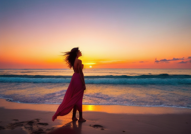Mulher aproveitando um pôr do sol em uma praia isolada