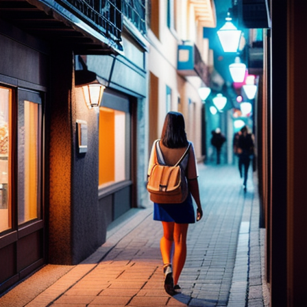 Mulher viajante caminhando em rua bem iluminada à noite