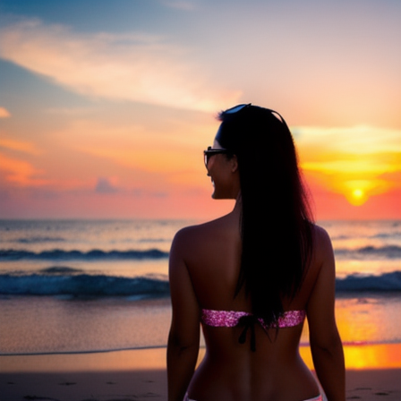 Mulher apreciando o pôr do sol na praia