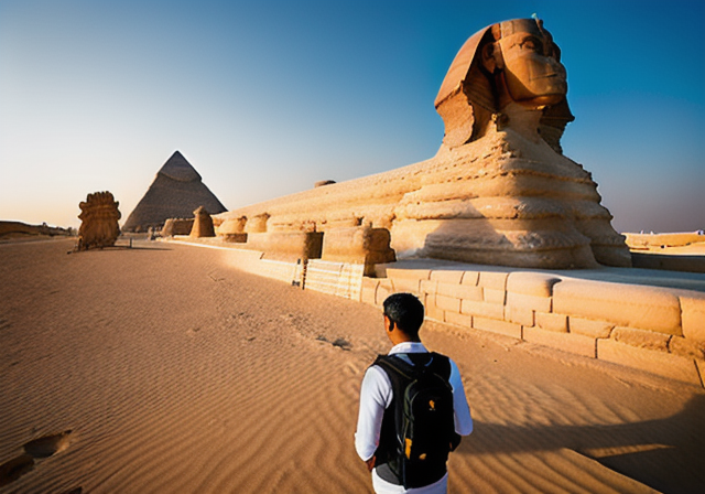 A solo traveler standing in front of the Great Sphinx in Egypt