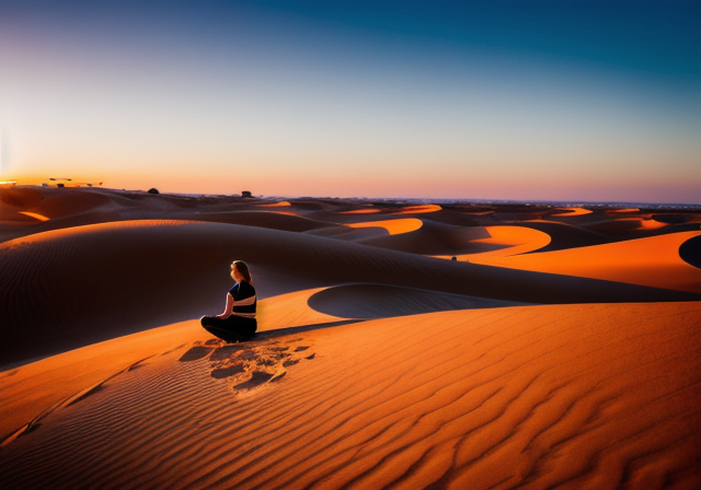 A person meditating on a sand dune at sunset in the desert