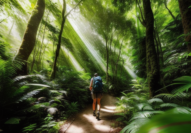 A traveler hiking in a lush forest