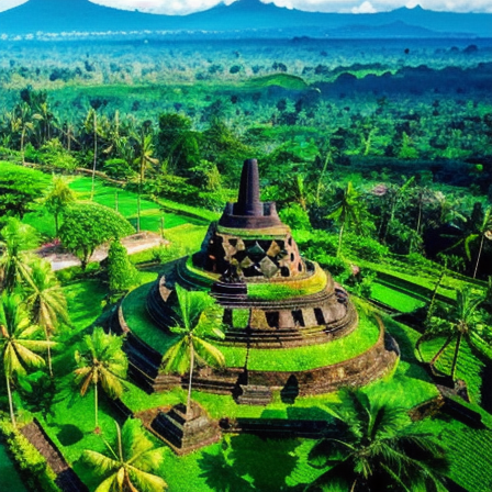 Aerial view of Borobudur Temple surrounded by lush greenery