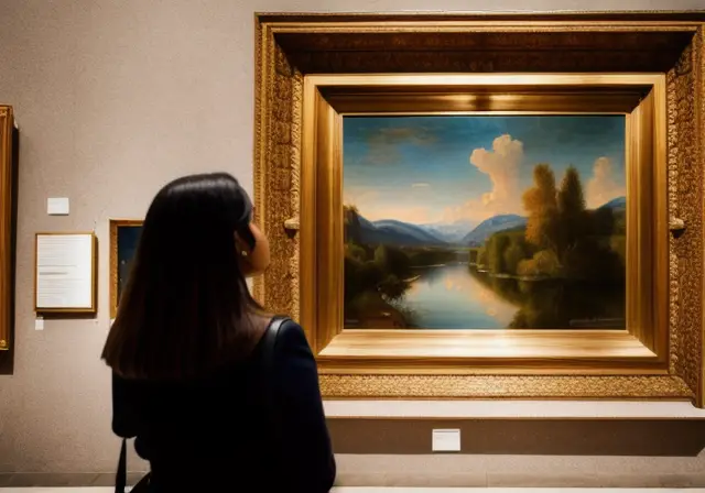 Visitor observing a famous painting in a museum