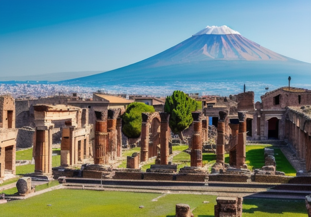 Panoramic view of Pompeii ruins with Mount Vesuvius in the background